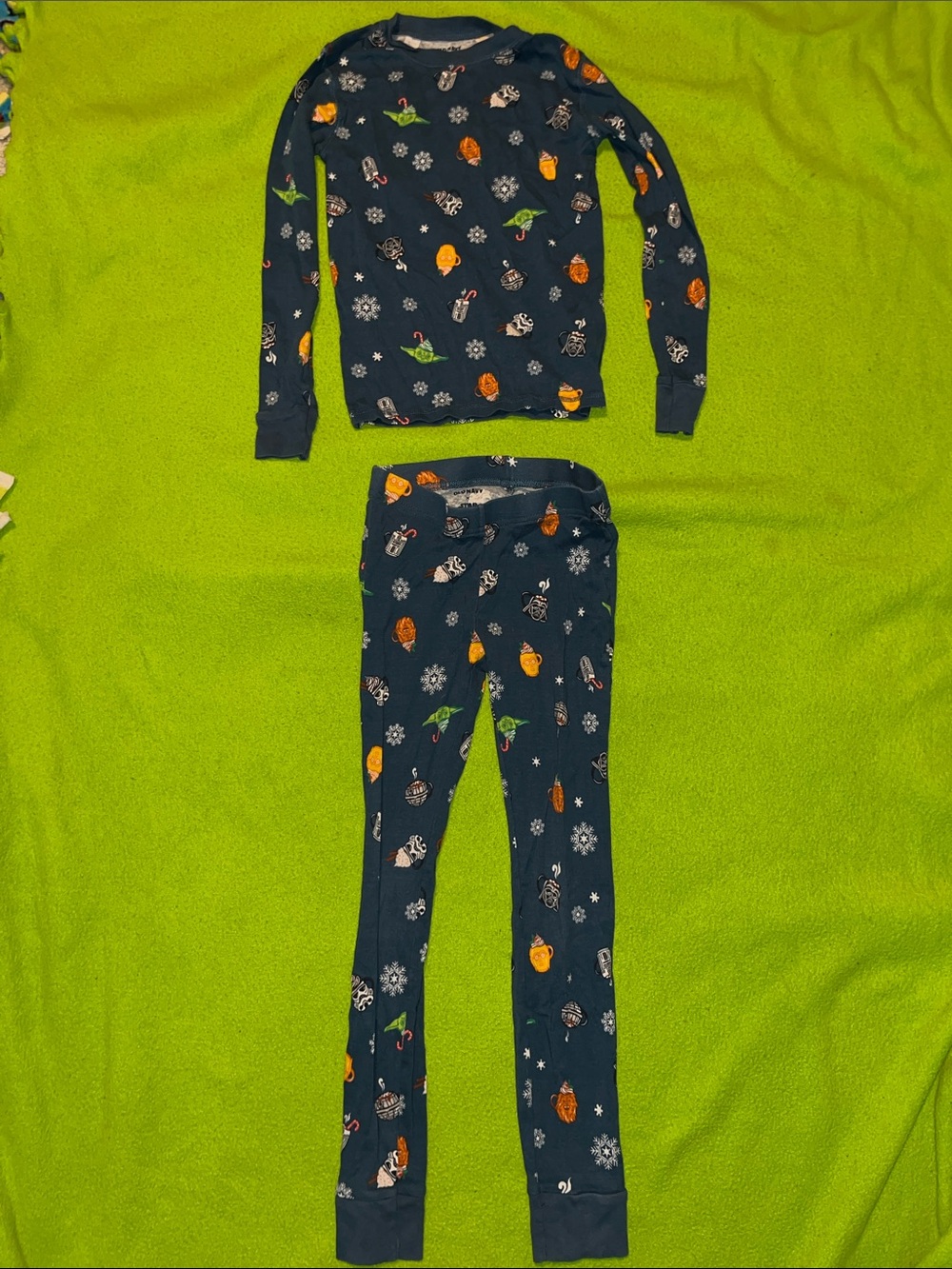 Old Navy Navy Blue Holiday Ornament Pajama Set with Orange & Green Accents